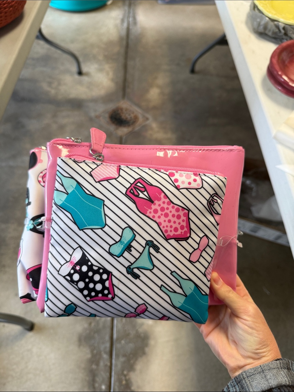 Pink Vinyl Cosmetic Pouch with Swimwear Print